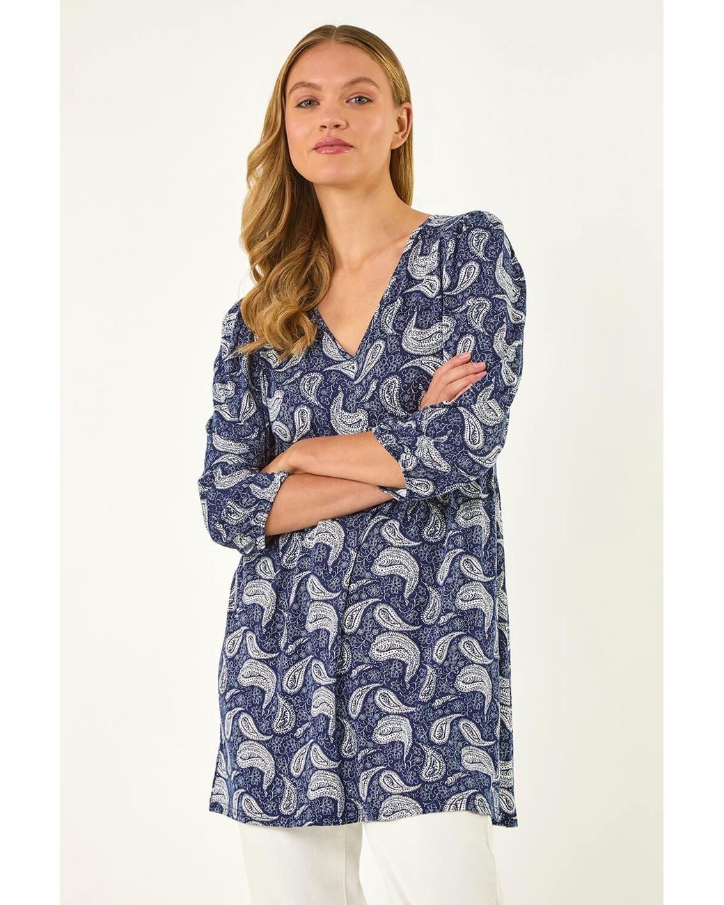 Roman Blue Paisley Print V-Neck Stretch Top