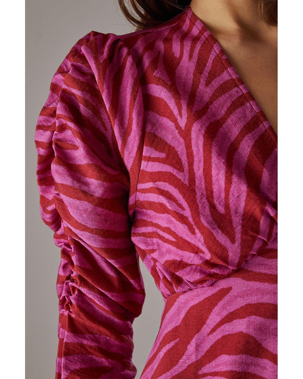 Warehouse Pink Zebra Print Viscose V Neck Long Puff Sleeve Midi Dress
