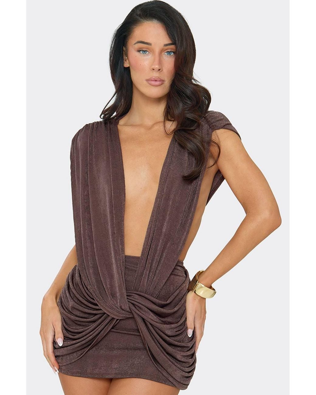 EGO Brown Sleeveless Drape Mini Dress