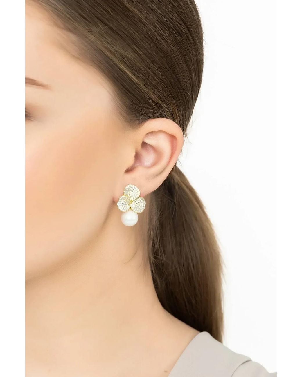 Latelita London White Iris Flower & Pearl Dangle Earrings