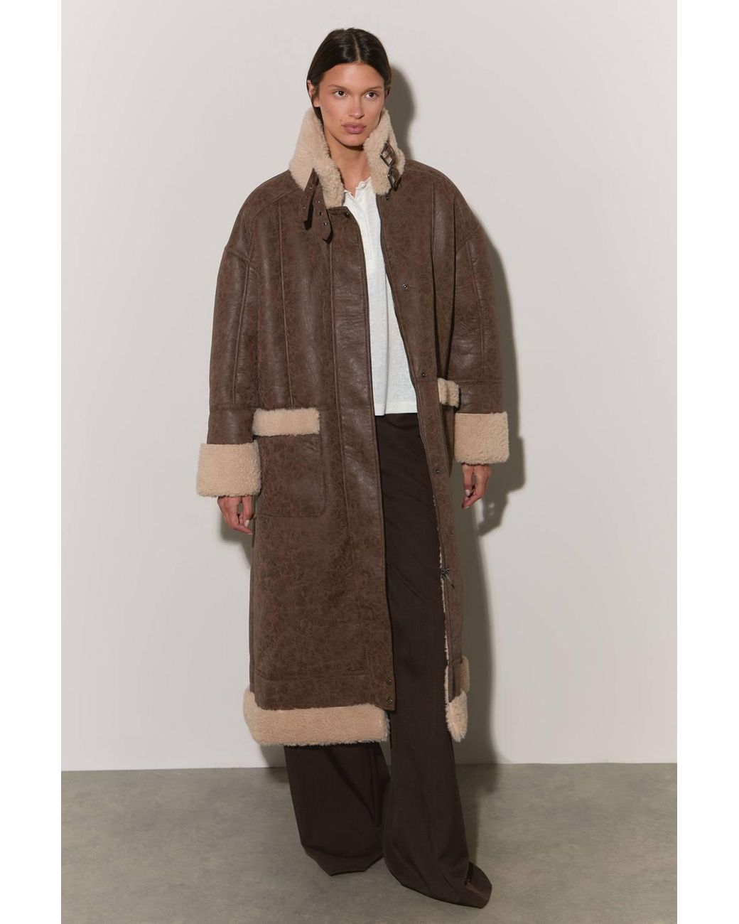 Warehouse Brown Oversized Maxi Aviator Bonded Faux Fur Coat
