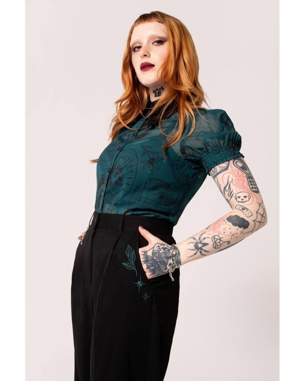 Hell Bunny Blue Venom High Waist Wide Leg Trousers With Snake Embroidery Chain Detail