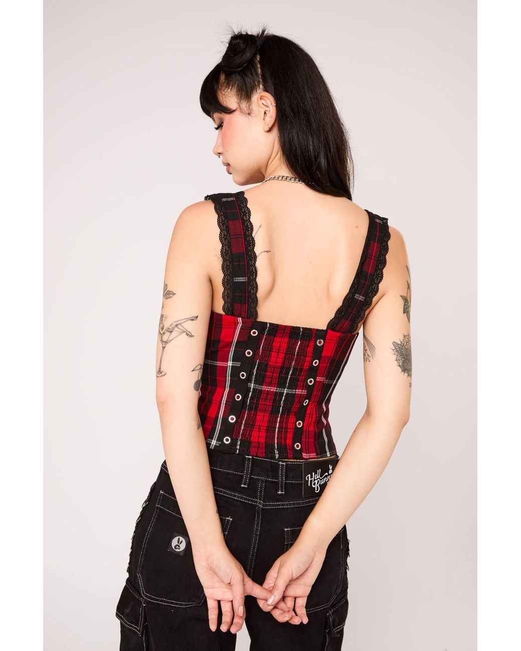 Hell Bunny Red Quinzel Tartan Lace Up Sweetheart Corset Style Top