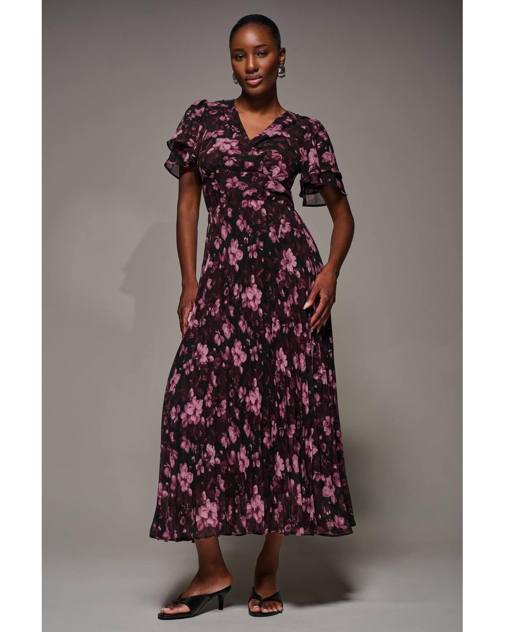 Jolie Moi Brown Chiffon Ruffle Sleeve Pleated Maxi Dress