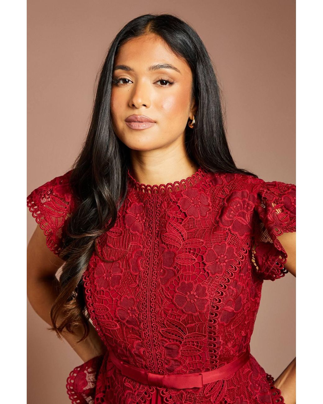 Coast Red Petite Lace Bodice Peplum Midi Dress
