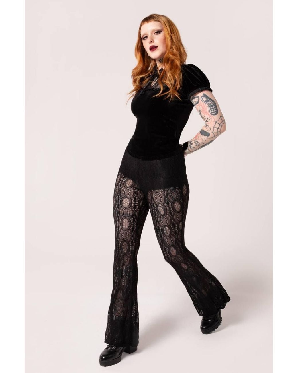 Hell Bunny Black Rhea Lace Flared Trousers With Jersey Lining & High Waistband