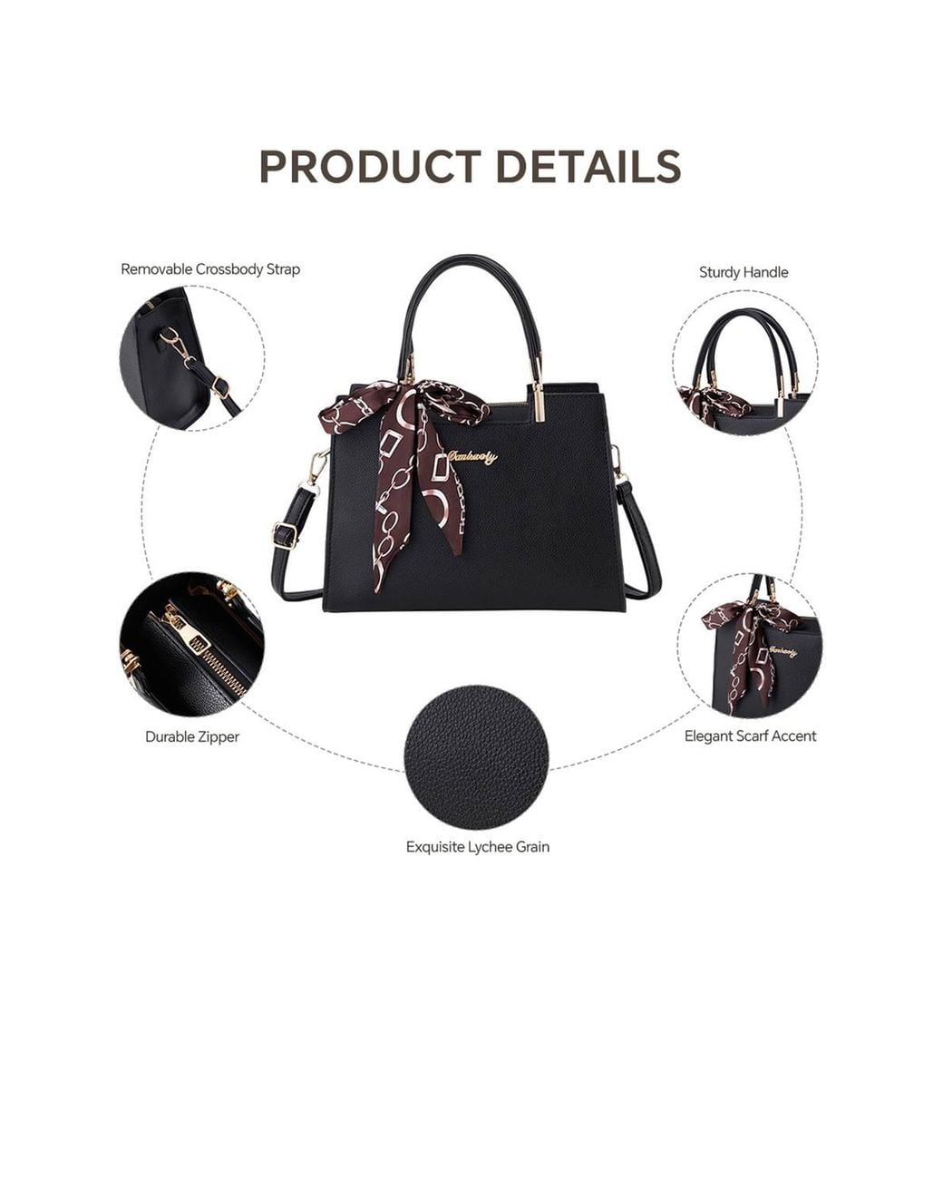 MODISHION Black Classic Tote Bag With Removable Scarf Decor