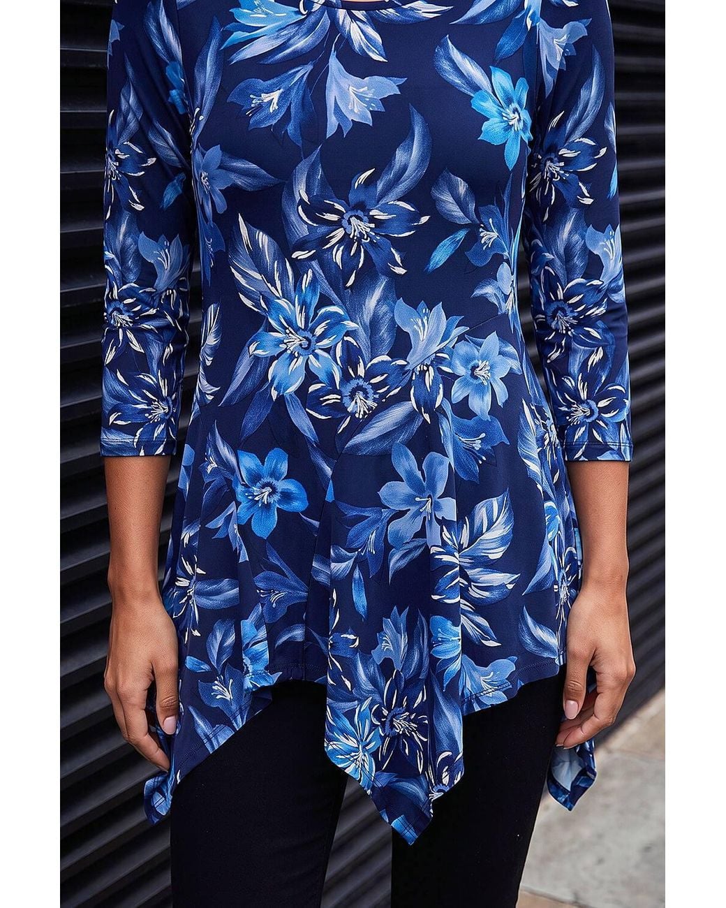 Roman Blue Floral Print Asymmetric Tunic Top