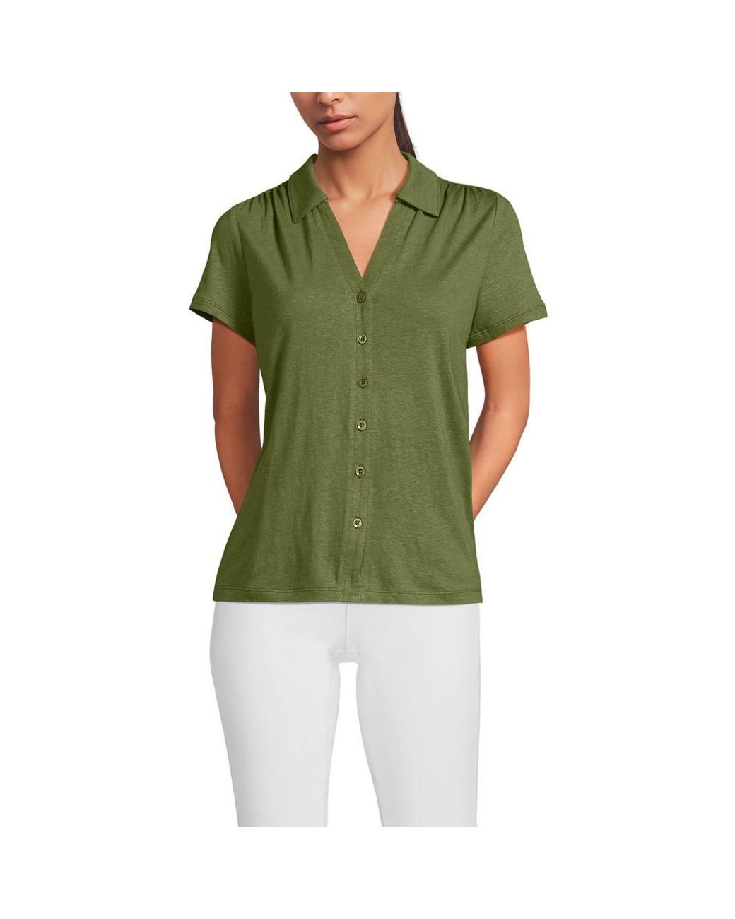 Lands' End Green Petite Linen Blend Button Front Polo