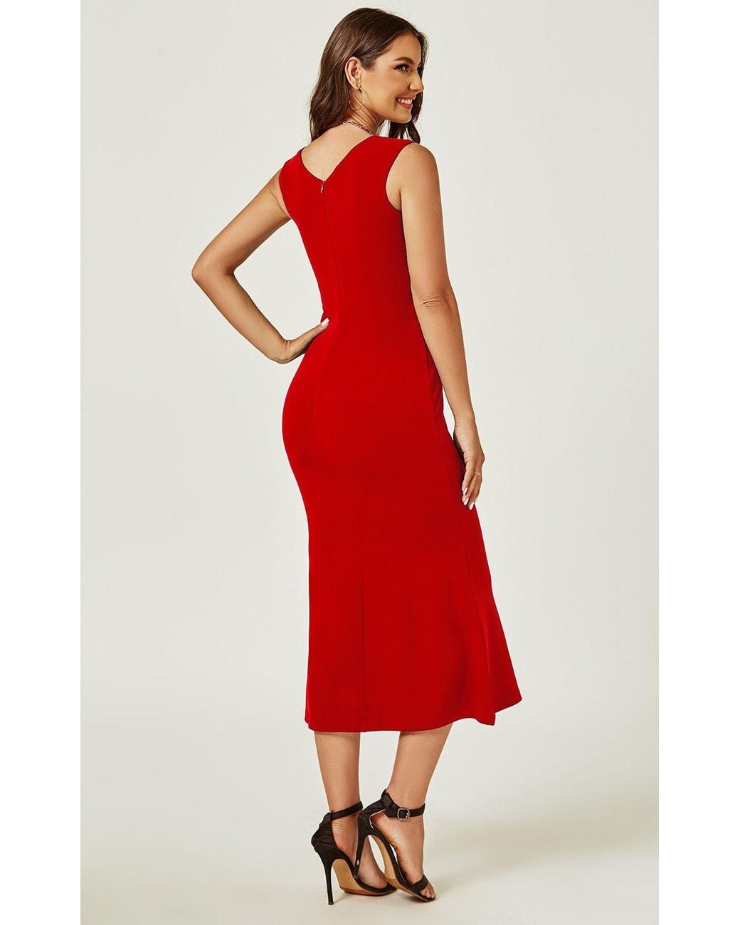 FS Collection Red Bardot Pleated Midi Dress