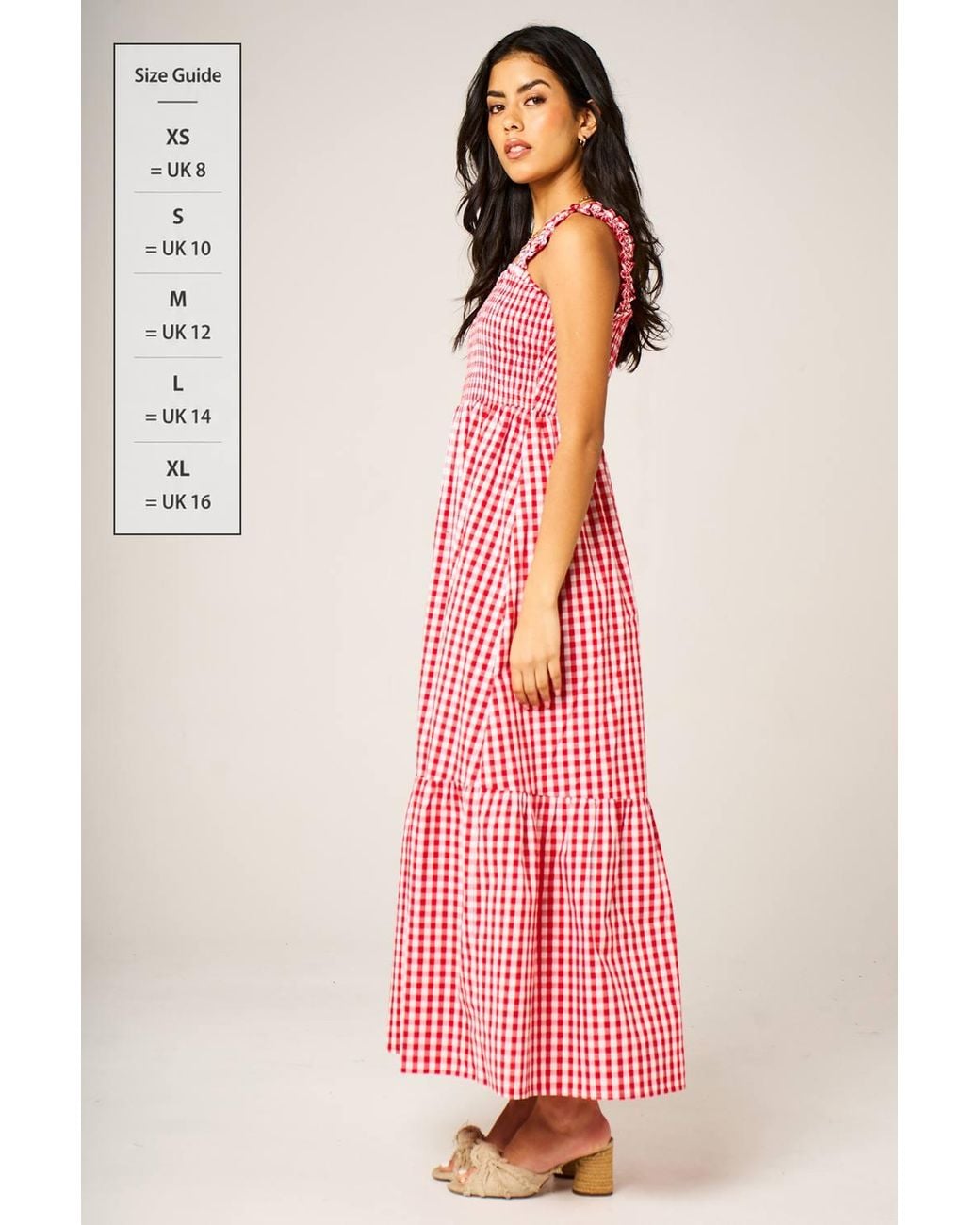 FS Collection Pink Gingham Smocked Bodice Strap Tiered Midi Dress