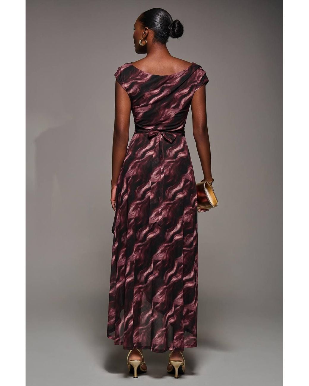 Jolie Moi Brown Asymmetric Draped Mesh Maxi Dress