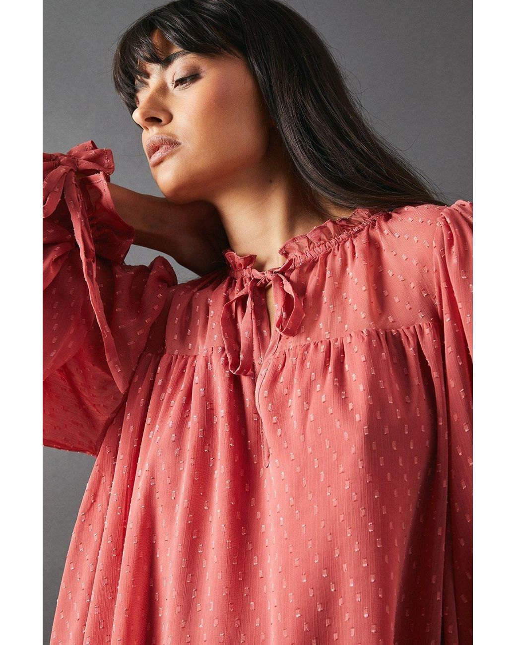 Warehouse Gray Dobby Chiffon Tie Neck Drop Hem Mini Smock Dress