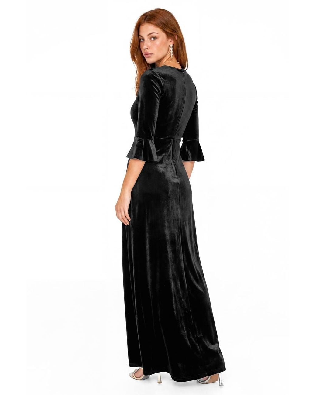 Maya Deluxe Black Flute Sleeve Velvet Maxi Dress