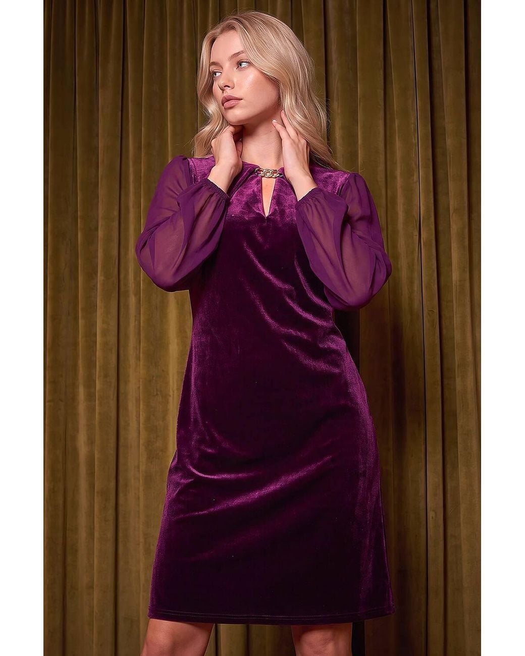 Roman Purple Petite Contrast Sleeve Velvet Dress