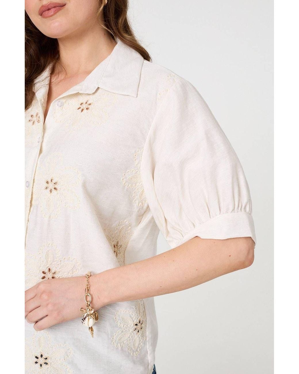 Izabel London White Floral Embroidered Puff Sleeve Blouse