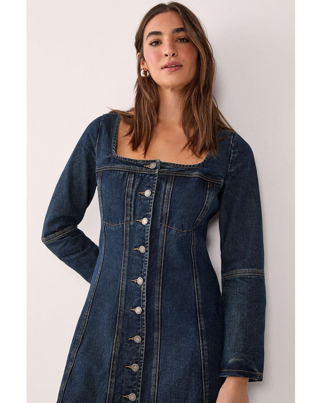 Nasty Gal Green Button Through Long Sleeve Denim Corset Mini Dress