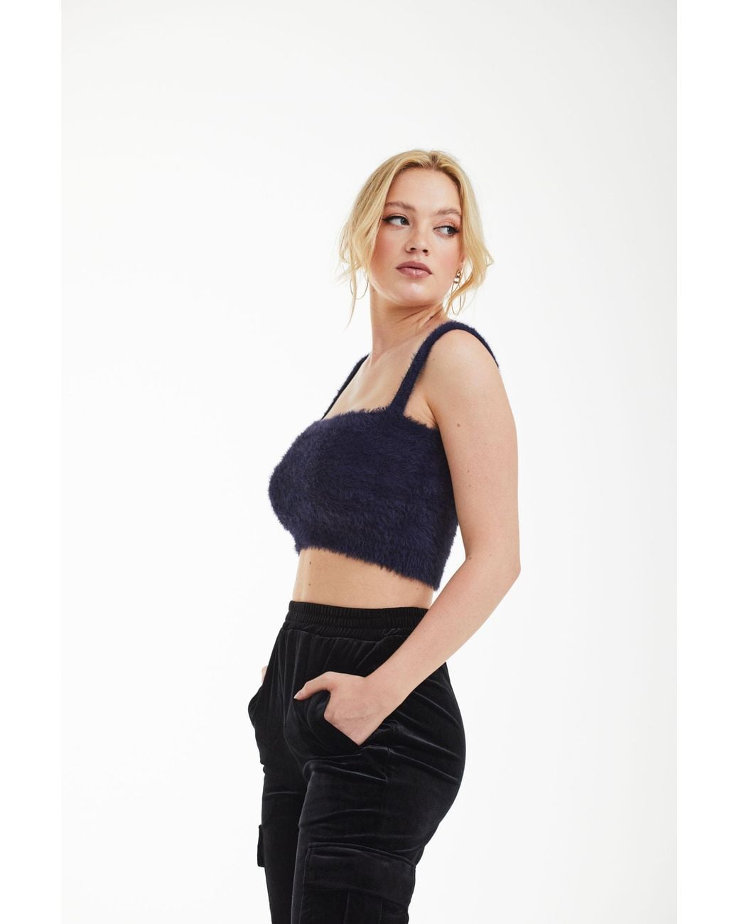 Double Second Blue Fluffy Knit Crop Top