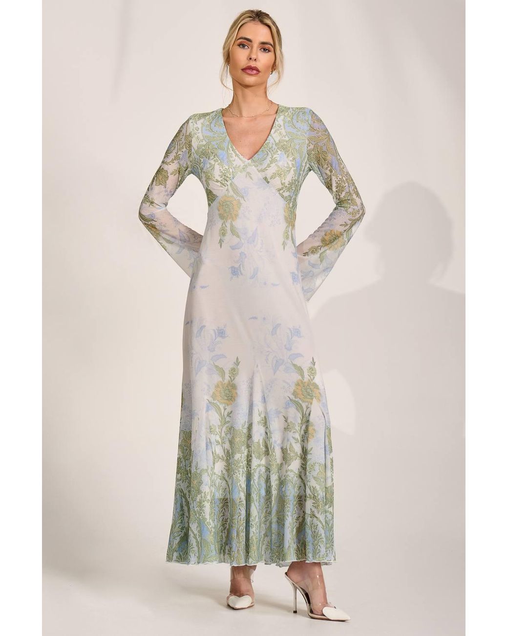 Jolie Moi Natural Long Sleeve Godet Mesh Maxi Dress