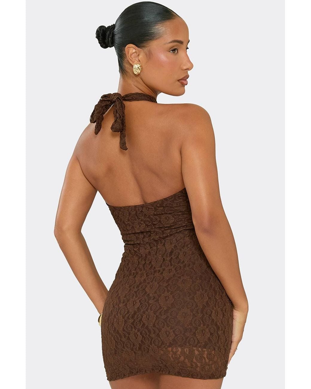 EGO Brown Sleeveless Drape Panel Lace Mini Dress