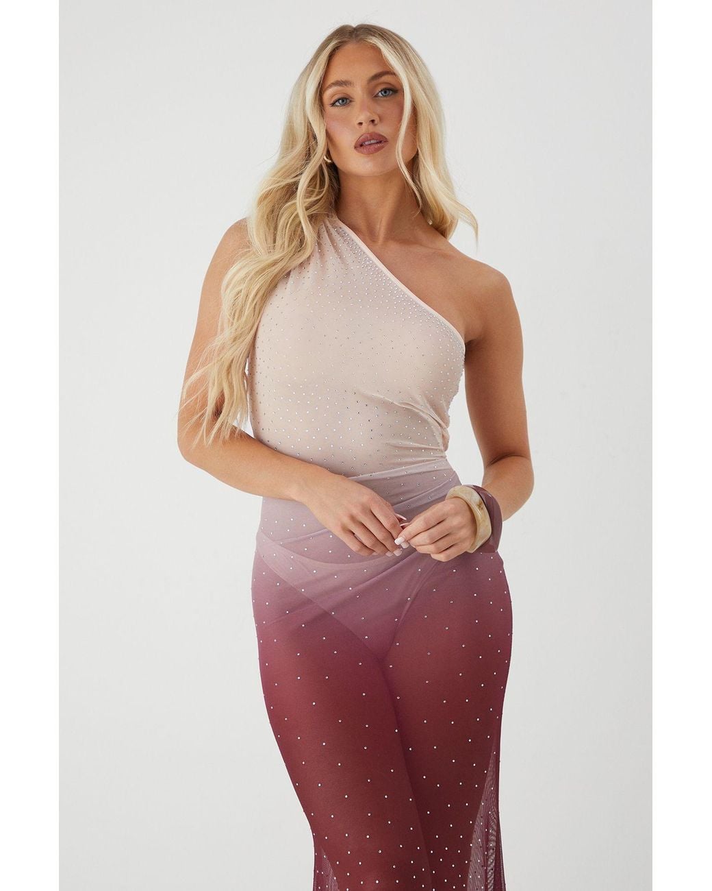 MissPap Red Sheer Ombre Diamante Embellished One Shoulder Maxi Dress