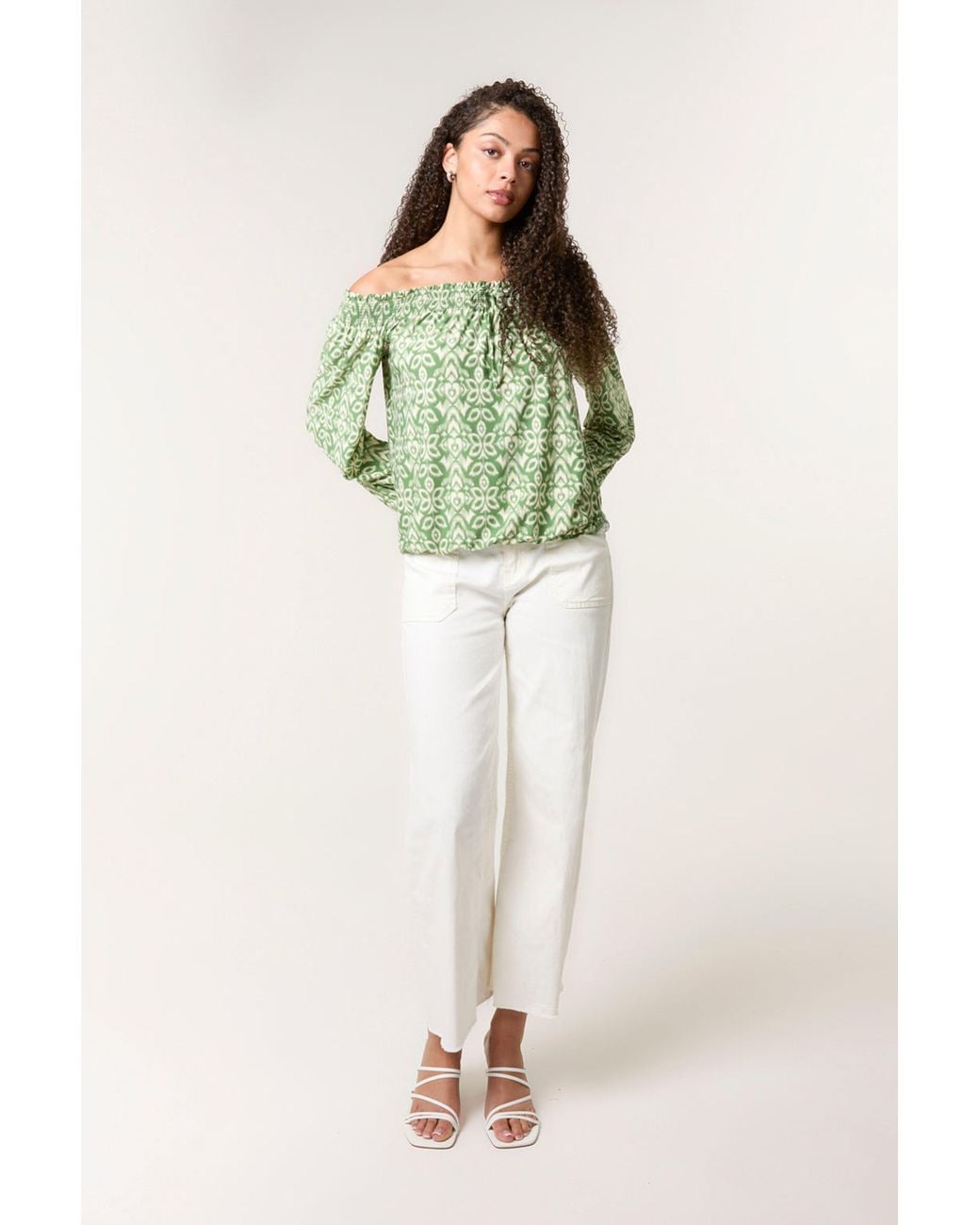Blue Vanilla Green Long Sleeve Slip On Off-The Shoulder Top