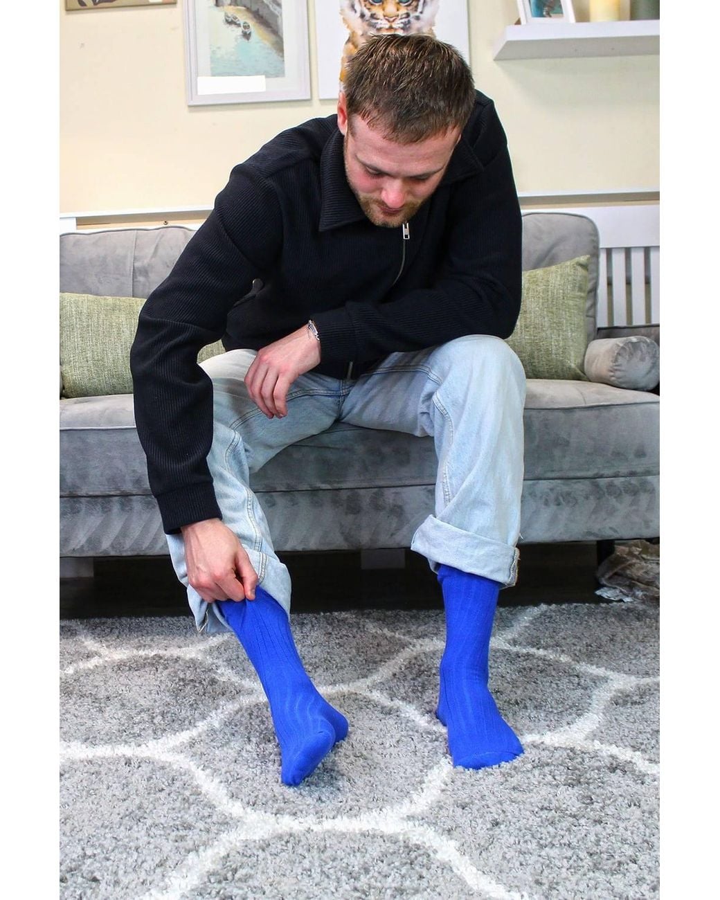 Sock Snob Blue 6 Pairs Plain Coloured Cotton Rich Ribbed Dress Socks for men