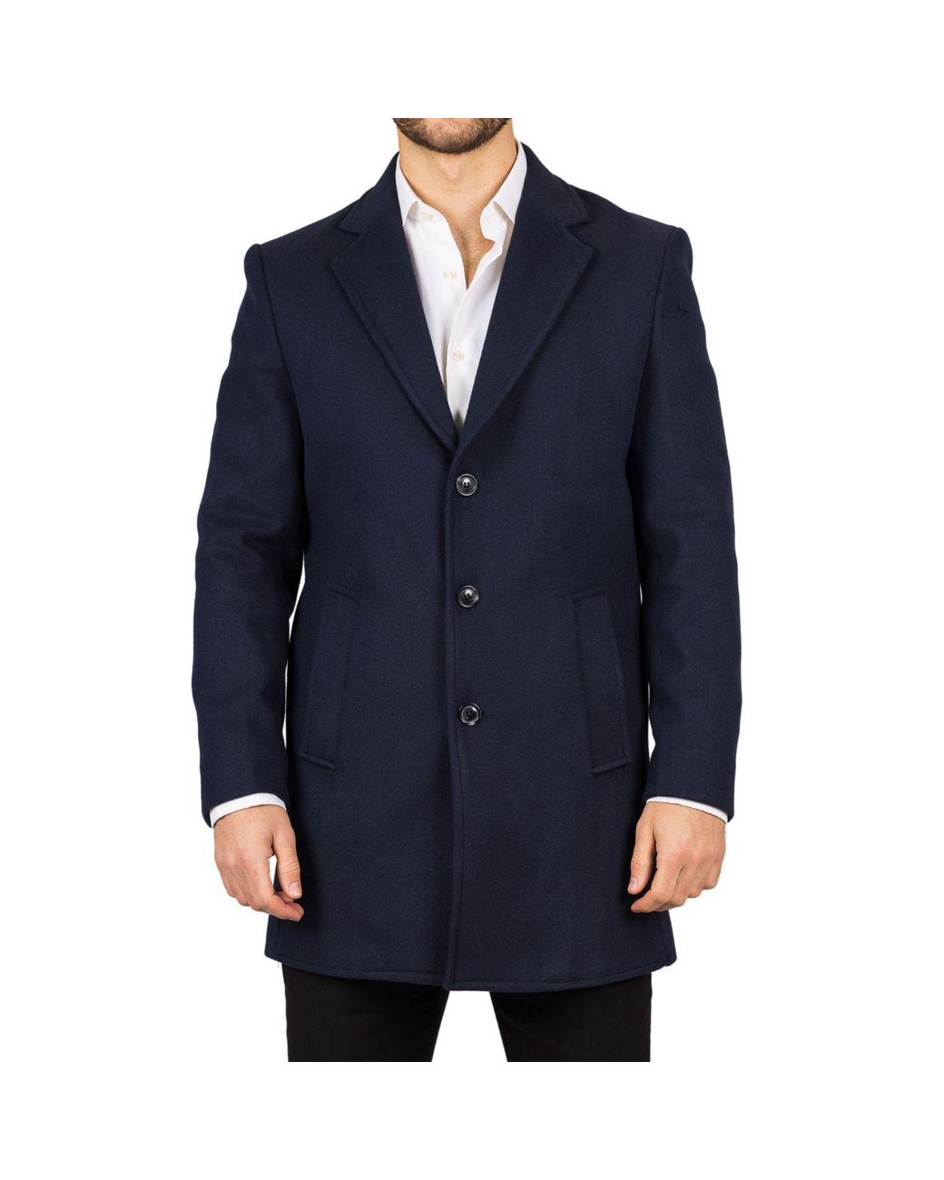 Infinity Leather Blue Notched Lapel Collar Wool Blend Overcoat for men
