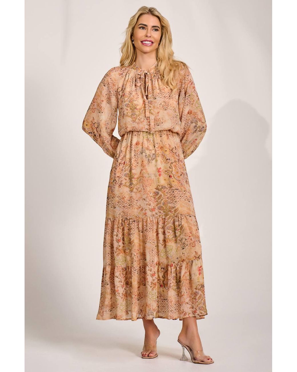 Jolie Moi Orange Chiffon Long Sleeve Tiered Maxi Dress