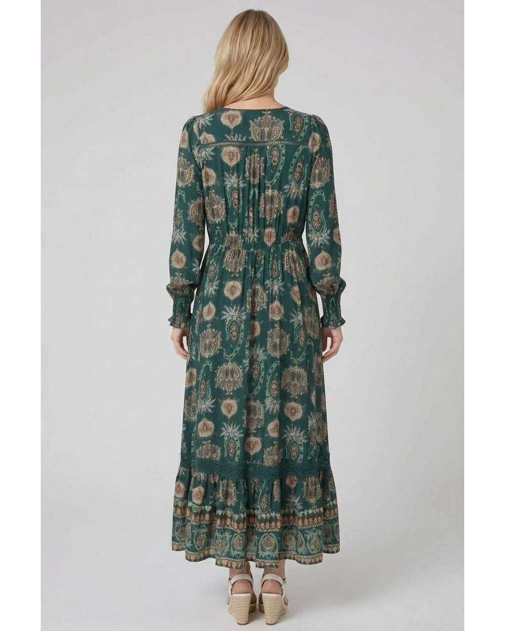 Izabel London Green Paisley Long Sleeve Shirred Maxi Dress
