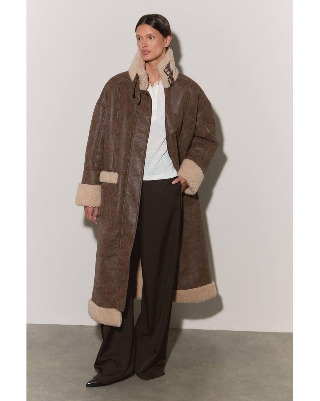 Warehouse Brown Oversized Maxi Aviator Bonded Faux Fur Coat