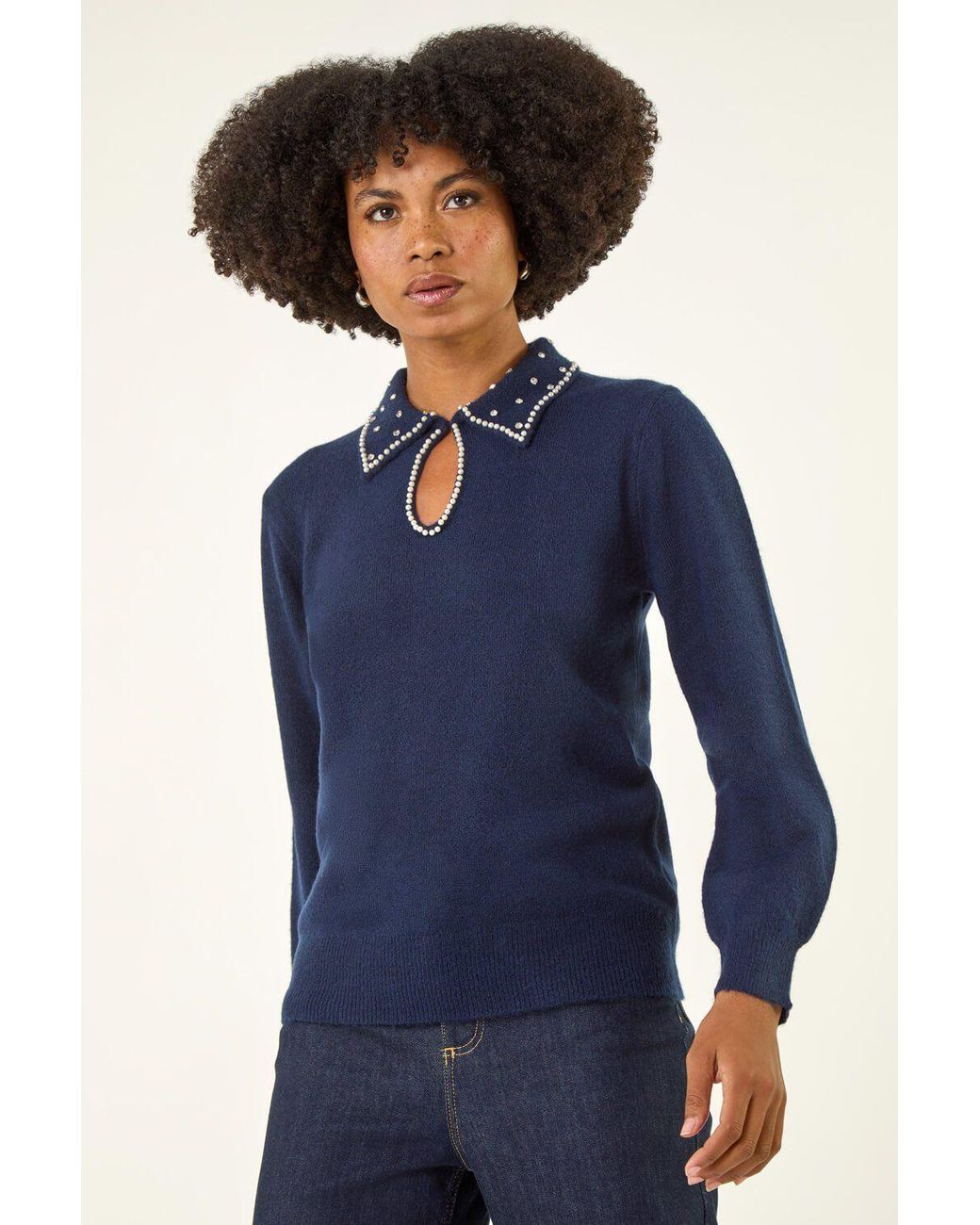 Roman Blue Faux Pearl Collared Keyhole Knit Jumper