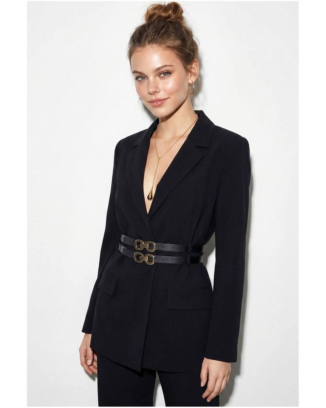 Bianco Lucci Black Long Crepe Blazer With Patch Detail