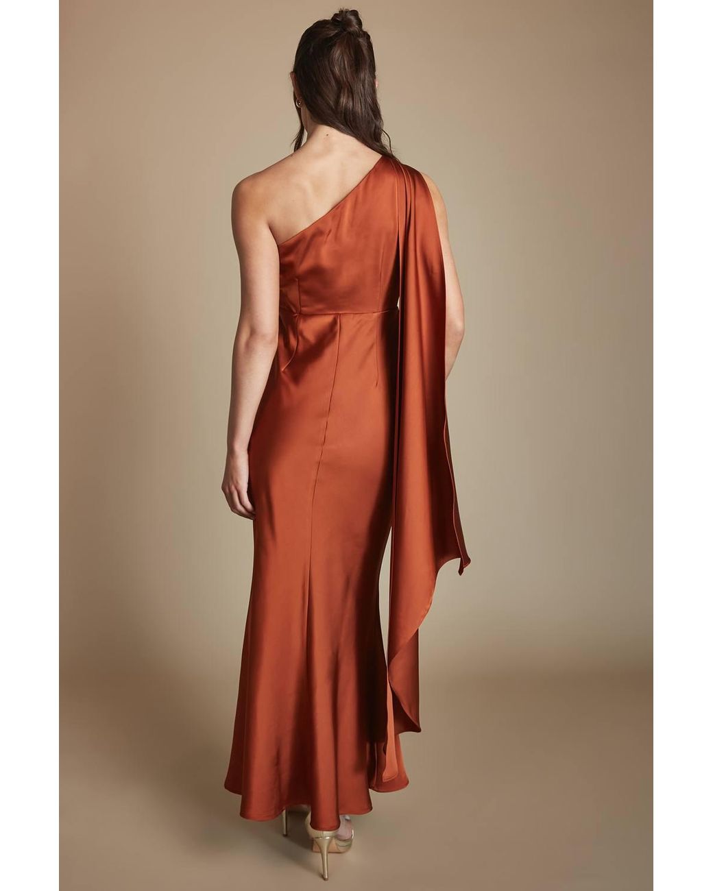 Coast Brown Petite One Shoulder Satin Maxi Bridesmaid Dress With Trim
