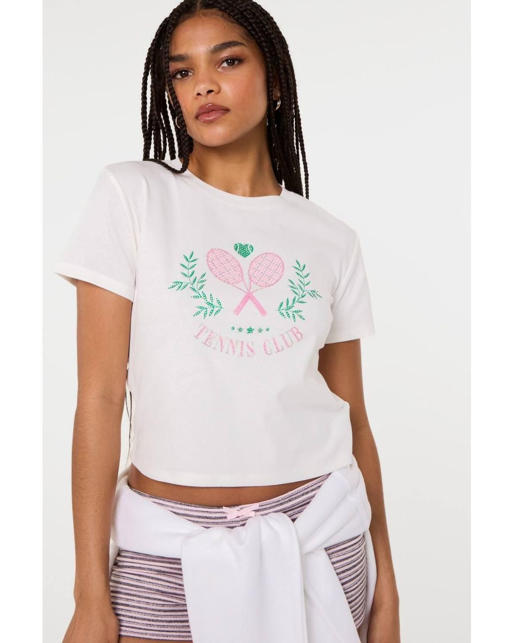 Pink Vanilla White Tennis Club Embellished T-Shirt
