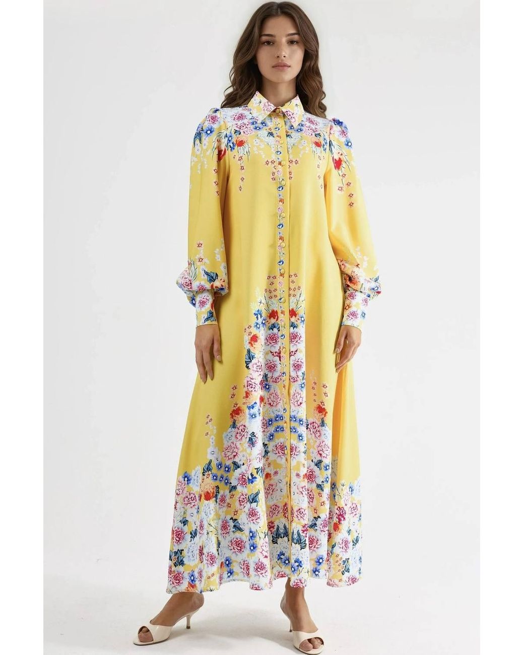 Msn-Collection White Floral Maxi Dress With Button Closure