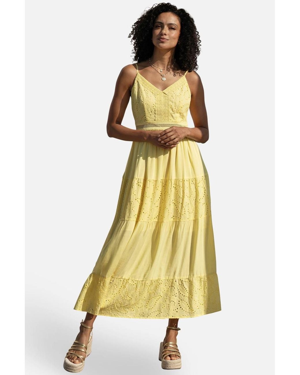 Yumi' Yellow Butter Cotton Lace Trim Midi Dress