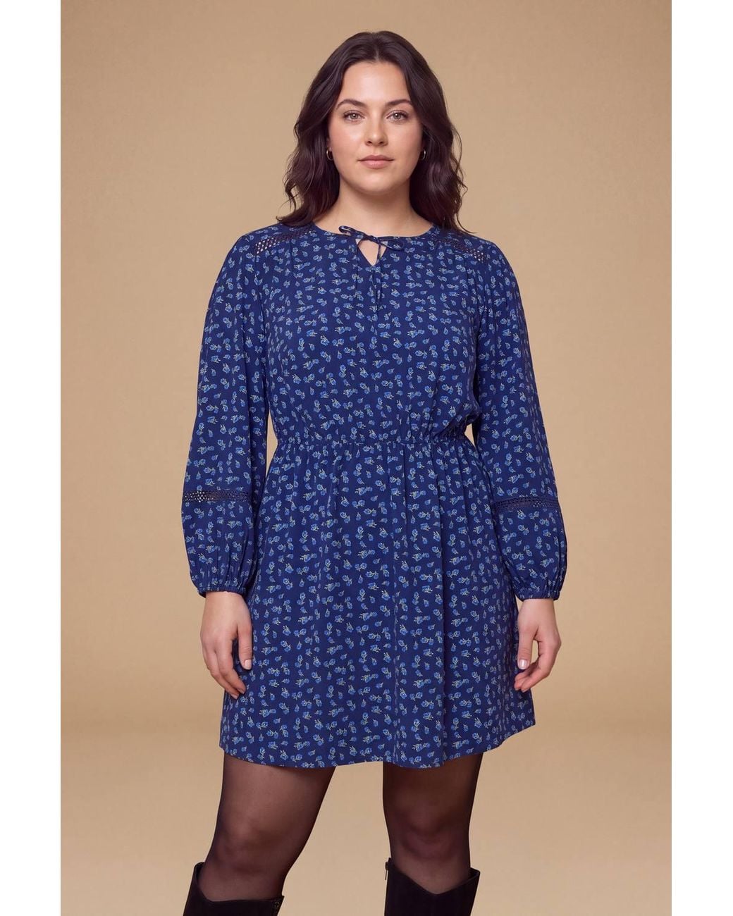 Dorothy Perkins Blue Plus Lace Insert Yoke Tie Detail Mini Dress