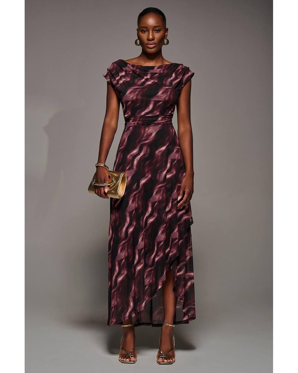 Jolie Moi Brown Asymmetric Draped Mesh Maxi Dress