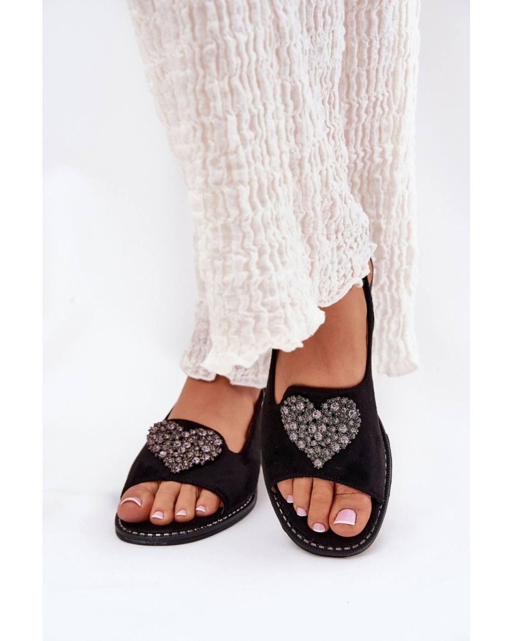 Love Lace White Suede Heart Buckle Flat Sandals With Comfort Insole Adjustable