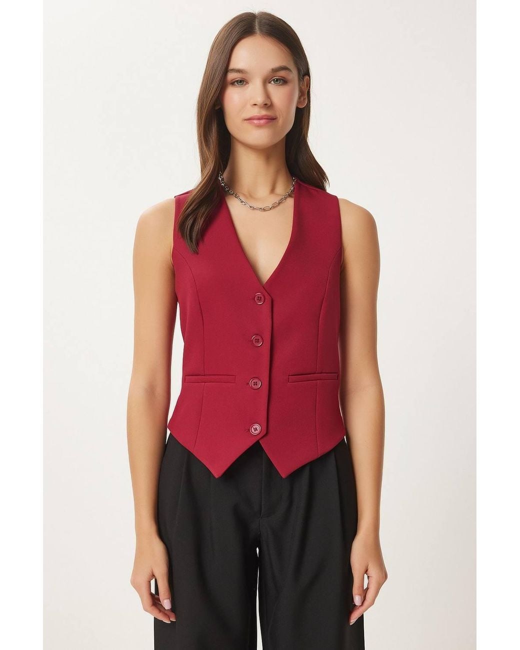 Happiness İstanbul Red Crop Button Waistcoat