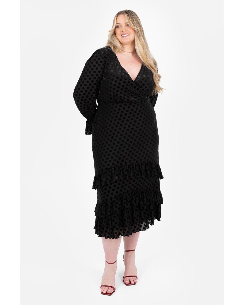 Lovedrobe Black Flocked Polka Dot Midaxi Dress