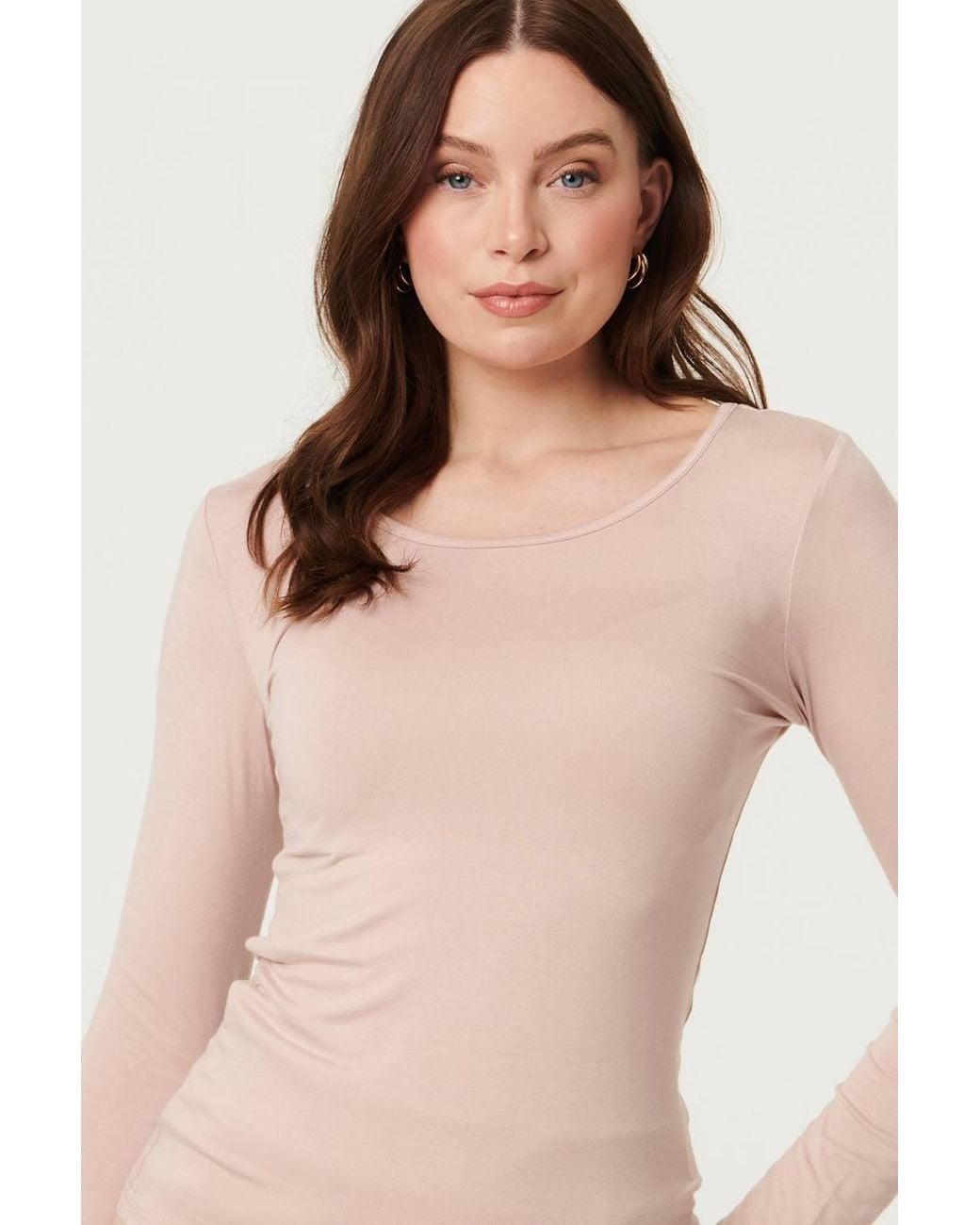 Izabel London Natural Long Sleeve Slim Scoop Neck Top