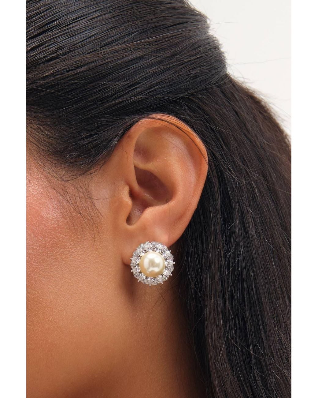 Jon Richard Metallic Rhodium Plated Pearl & Pave Statement Halo Earrings