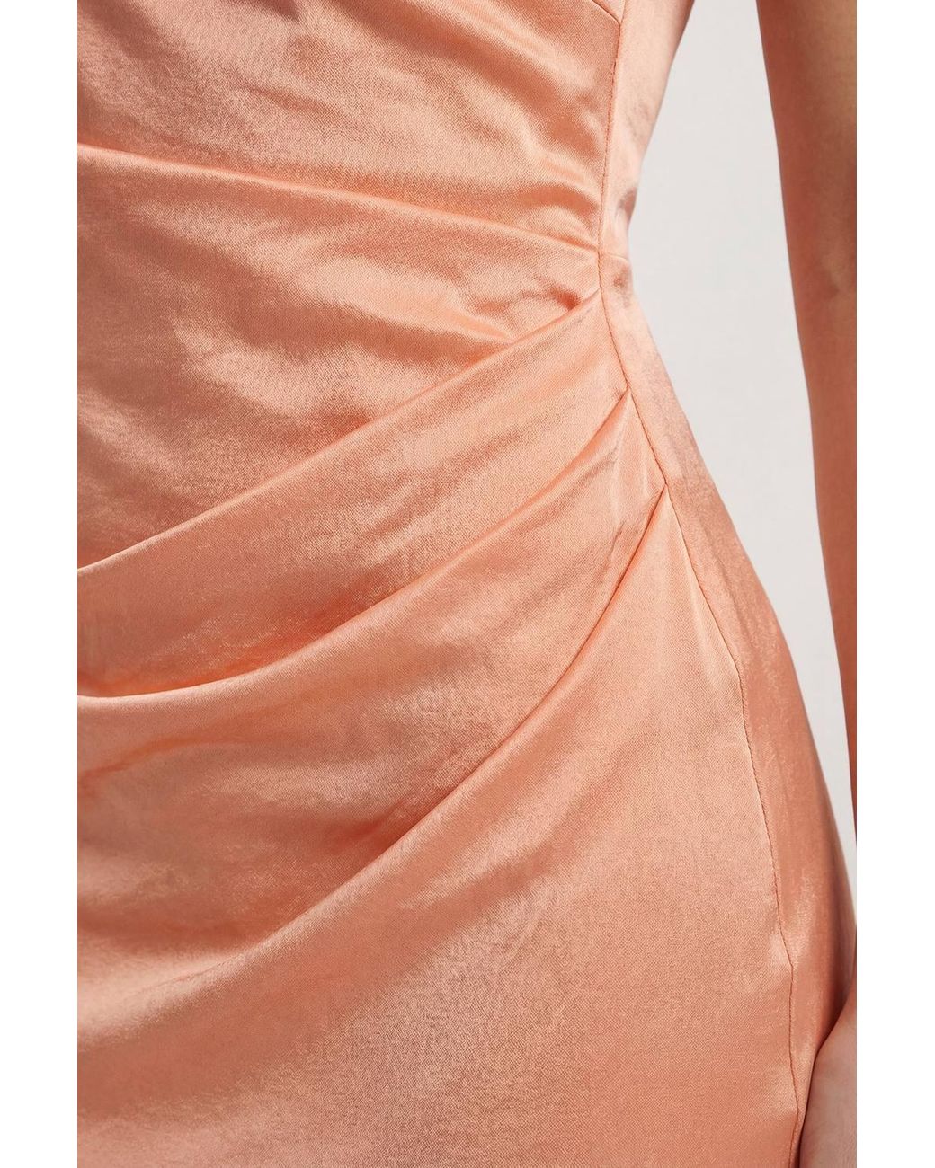 MissPap Orange Satin Asymmetric Strap Pleated Waist Low Back Maxi Dress