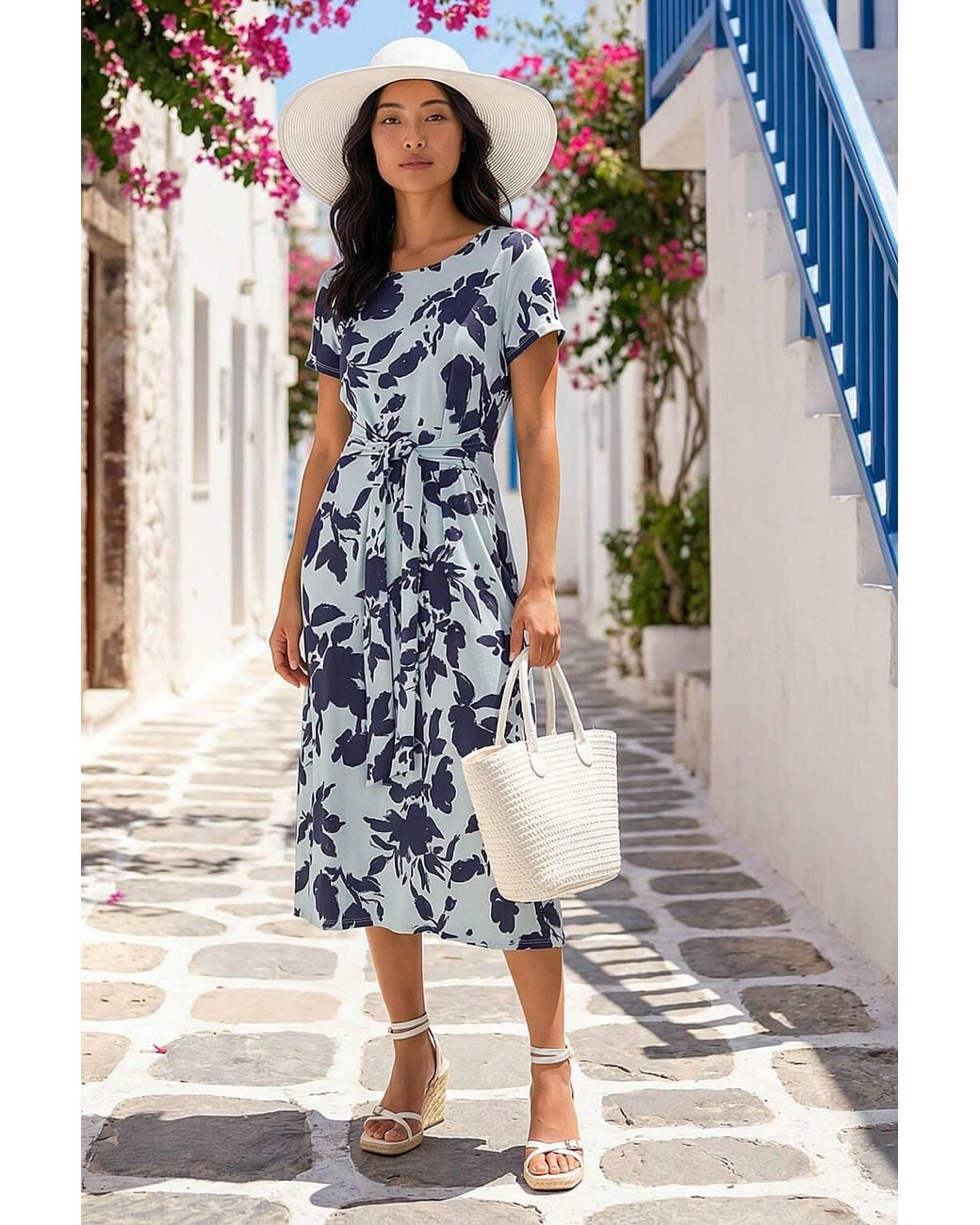 Roman Blue Petite Floral Tie Front Stretch Midi Dress