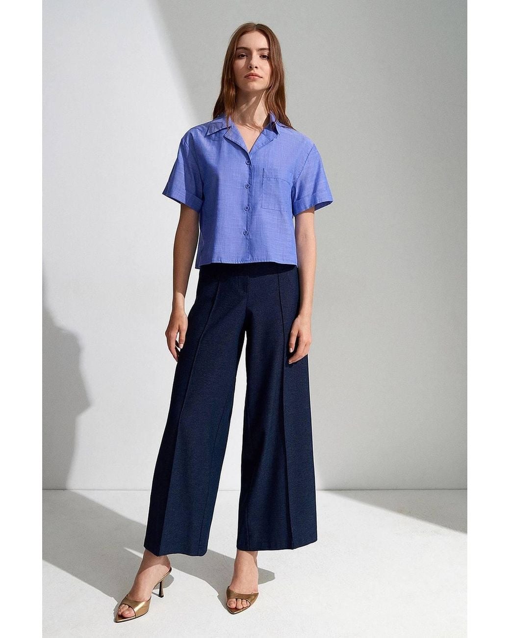 Dilvin Blue Cotton Poplin Crop Shirt