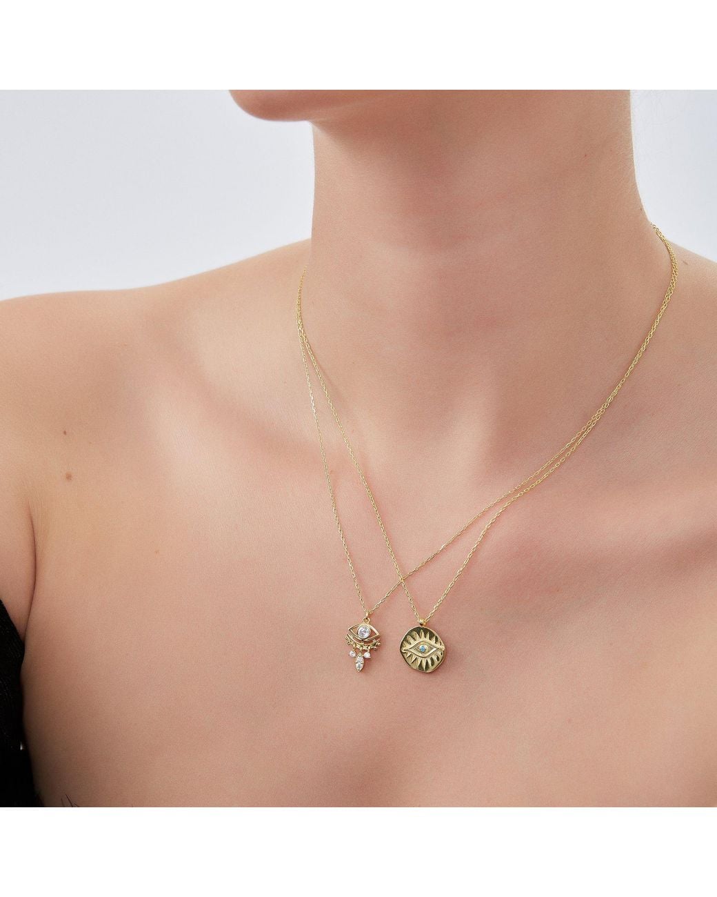 Spero London Metallic Eye Coin & Rectangular Chain Sterling Evil Eye Necklace Set