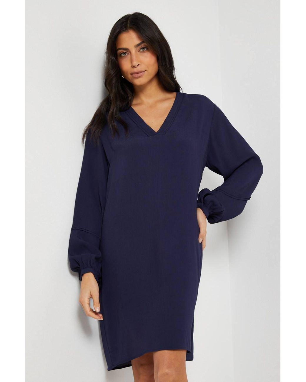 Wallis Blue Viscose Seam Detail Collarless Shift Dress