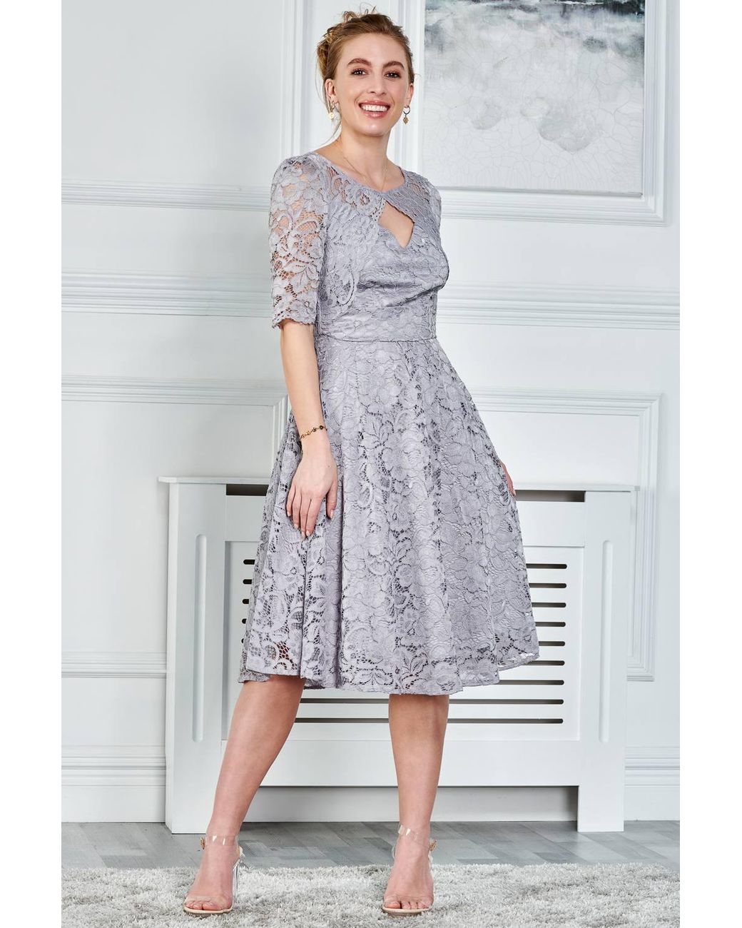 Jolie Moi Gray Fit & Flare Lace Midi Dress